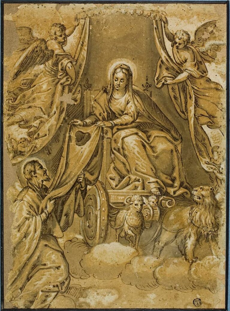 virgin mary handing scapular to saint simon stock
